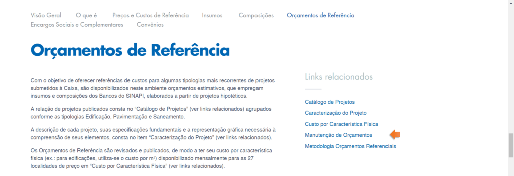 manutenção de orçamentos na SINAPI