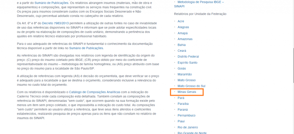 Lista da Sinapi no site da Caixa Econômica Federal