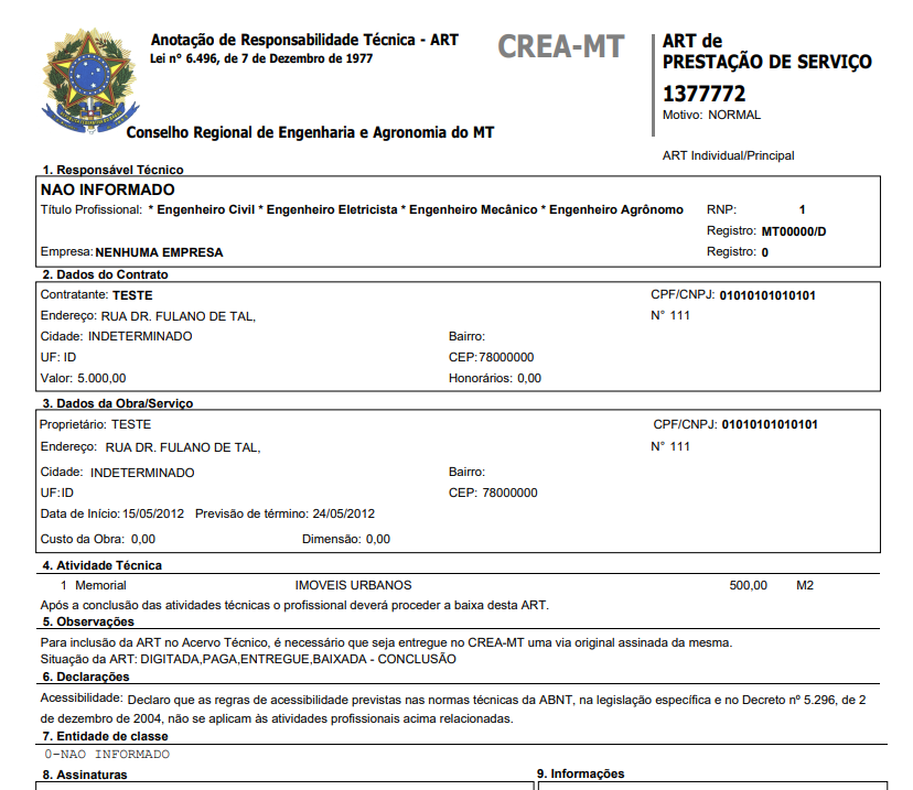exemplo de ART preenchida