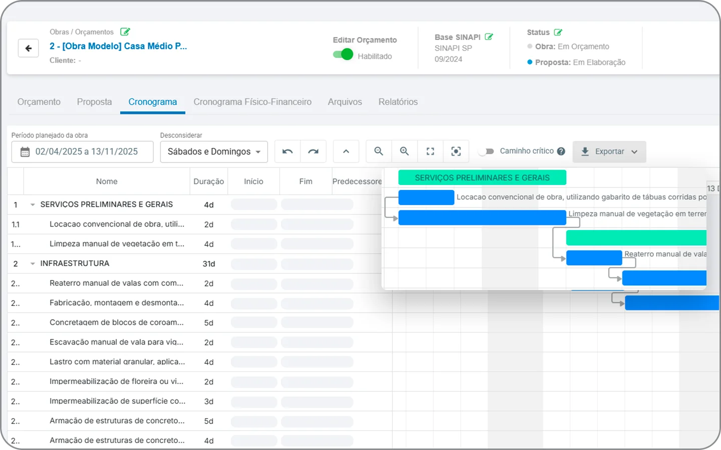 Planeje, gerencie e acompanhe sua obra com links entre as atividades, replanejamento automático, identificação de tarefas críticas e exportação para diversos formatos.